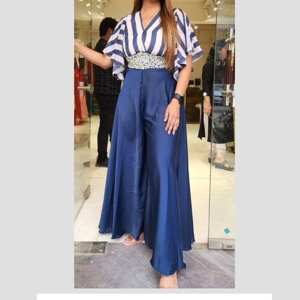 Beautiful Striped Blue Jumpsuit Style Indian Outfit Size Medium